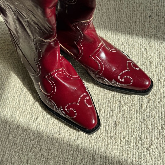 Public Desire | Serpentine Burgundy Snake Embroidered Knee High Western Boots 8 - Picture 7 of 9